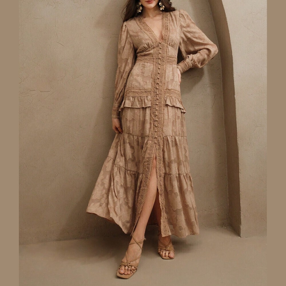 Tan Floral Jacquard Crochet Trim V Neck Tiered Front Slit Maxi Dress